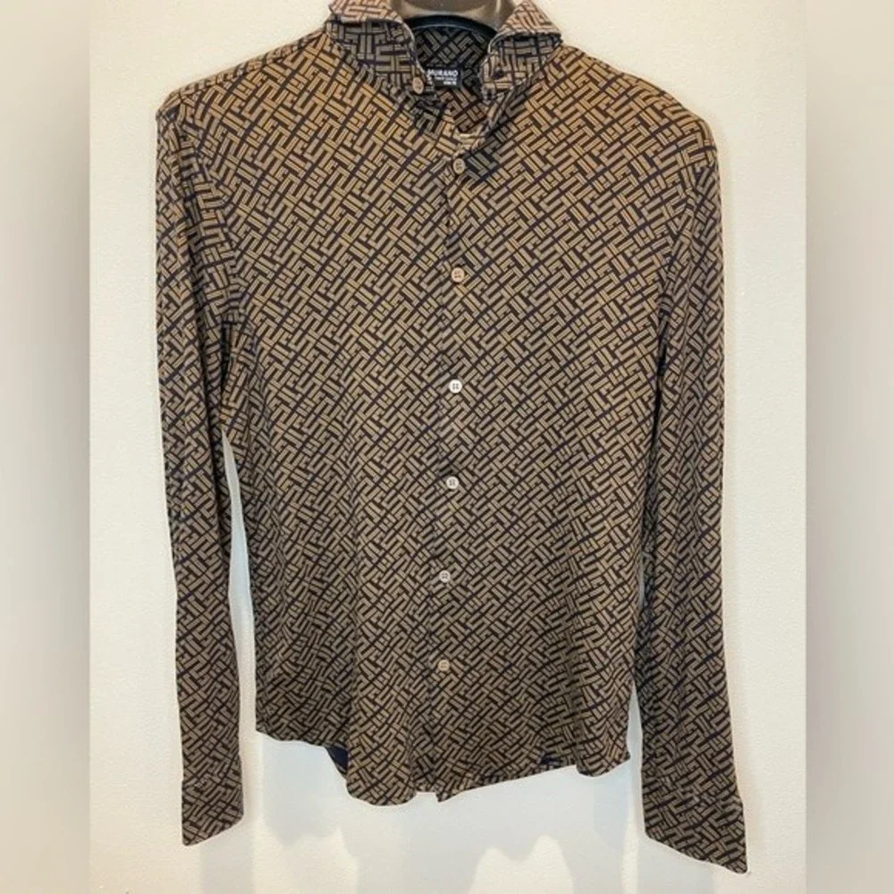 Murano Liquid Luxury Slim Fit Geometric Button Up Navy Blue Brown size M - Picture 13 of 13